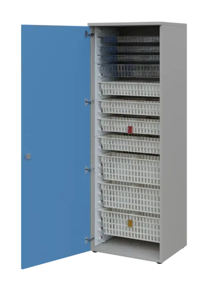 EUROMEDICA D - 66 skříň léková boxová, 1-dveřová, levá, 1950x660x535, korpus šedý, dvířka pastelově modrá